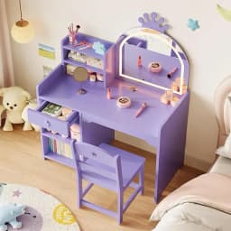 Kids Vanity with Lights, 2 in 1 Princess Makeup Vanity Desk & Chair Set, Toddler Vanity Table with Open Bookshel for Girls
