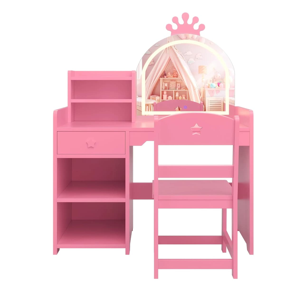 Kids Vanity with Lights, 2 in 1 Princess Makeup Vanity Desk & Chair Set, Toddler Vanity Table with Open Bookshel for Girls