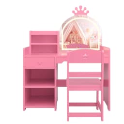 Kids Vanity with Lights, 2 in 1 Princess Makeup Vanity Desk & Chair Set, Toddler Vanity Table with Open Bookshel for Girls