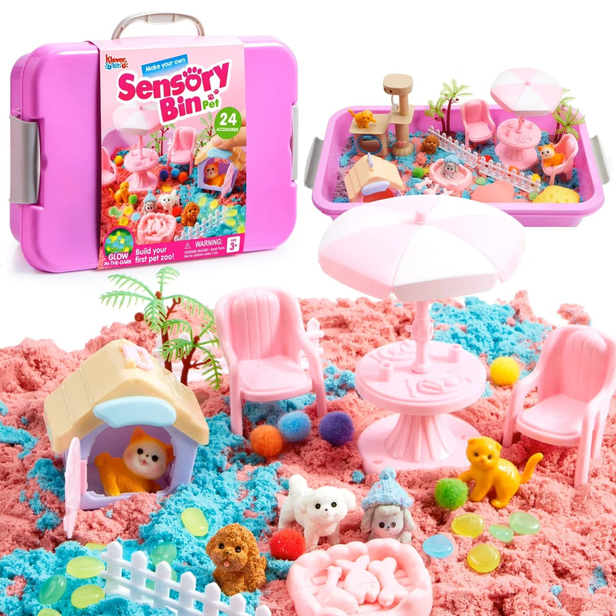 Joyfy Cute Pet Themed Sensory Bin toy Sandbox with Lid Dual-Color Sand Learning Activities for Boys Girls Birthday Chrimas Gifts