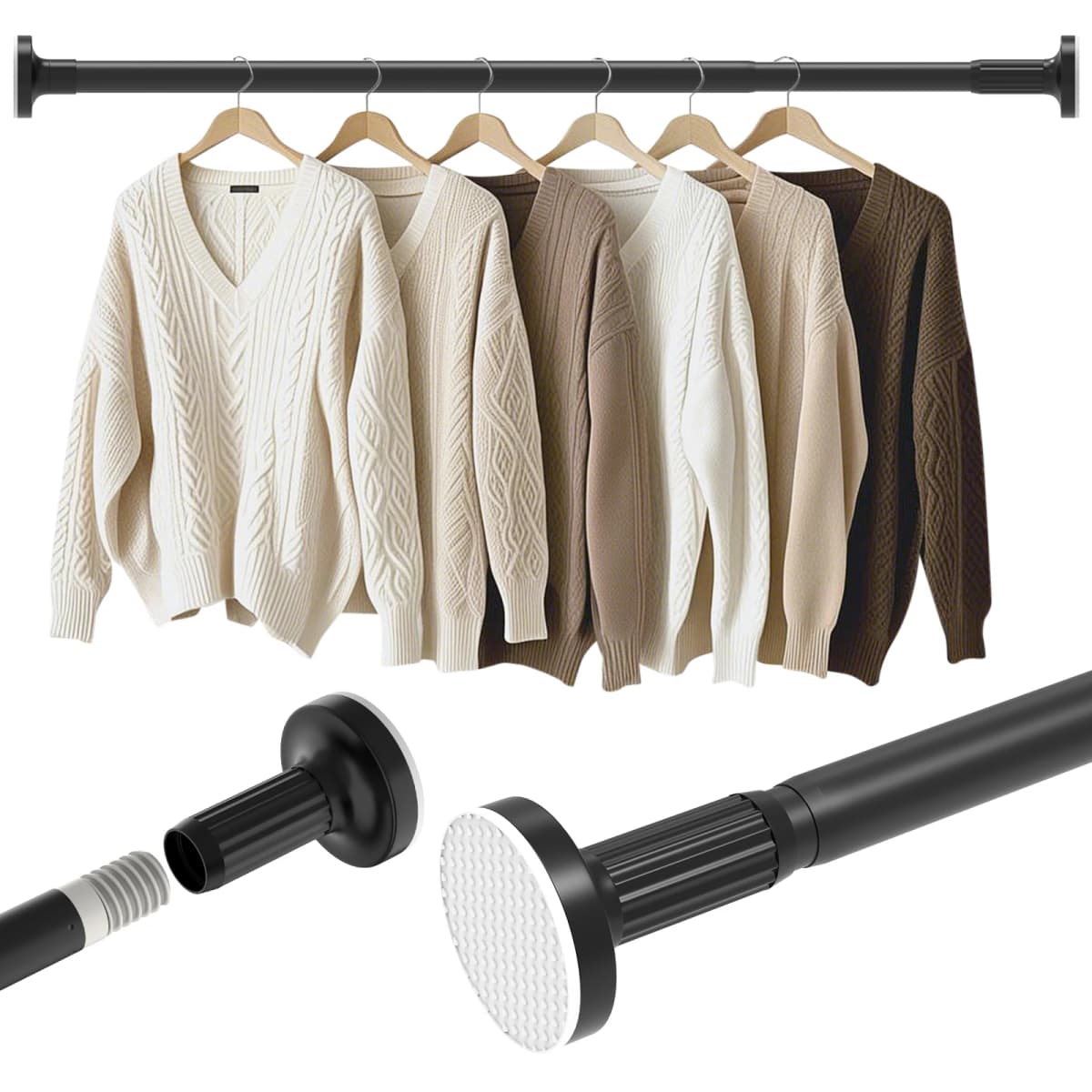 Adjustable Telescopic Pole No Drill Hanging Rod with Rubber Pads for Wall Protection, Ideal for Wardrobe, Kitchen,bathroom
