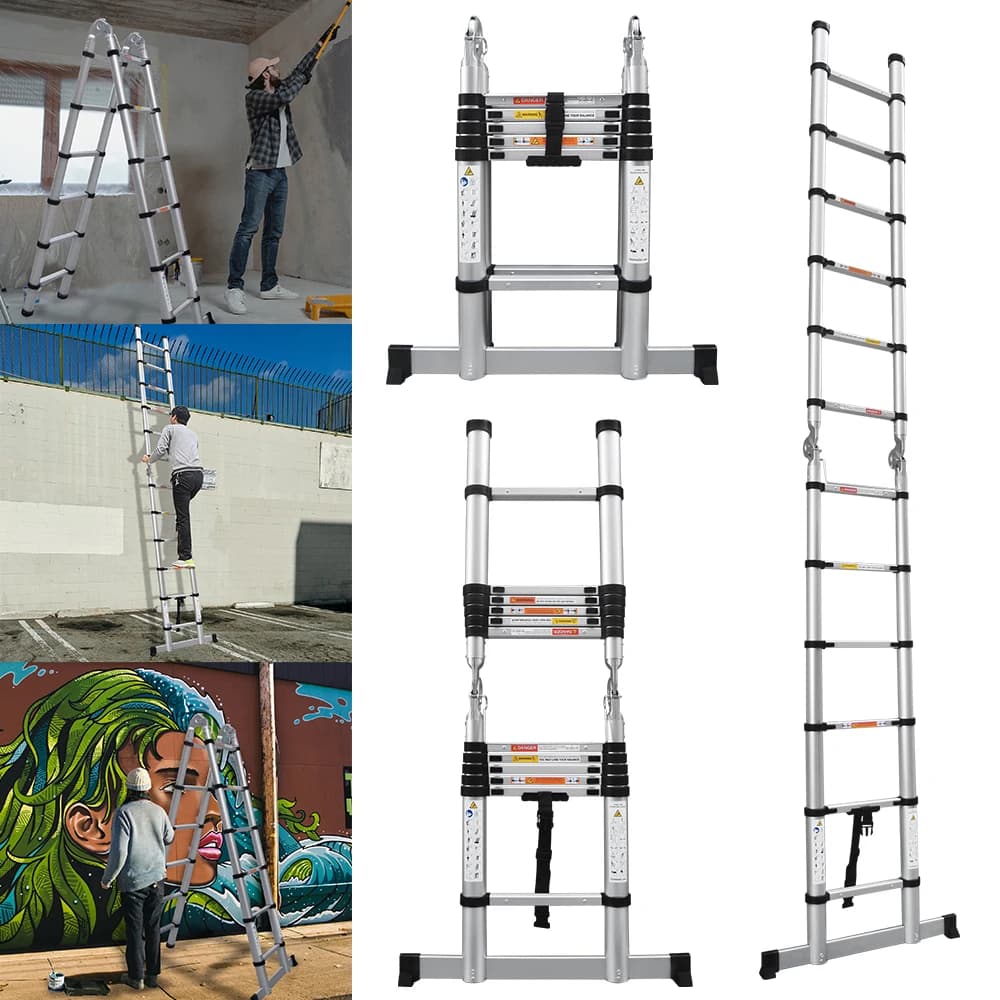 A-Ladder, Straight Telescopic Ladder with Non-Slip Feet, Load Capacity of 330lbs, Foldable, For Home or RV Outdoor Work