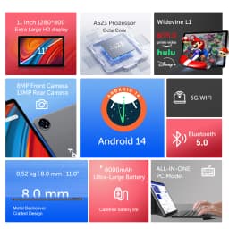 XGODY Q17 11 Inch Smart Tablet Android 14 12GB RAM+128GB ROM(1TB TF) 8000mAh LCD IPS