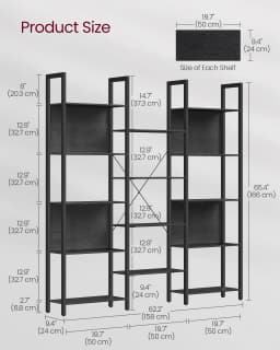 VASAGLE Bookcase, Bookshelf with 14 Shelves, Metal Frame, Shelf Unit, Industrial Style