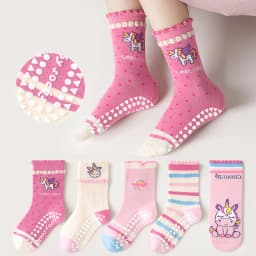 5-Pack Children's Dotted Floor Socks with Rainbow Unicorn Pattern and Lace Trim, Suitable for Boys and Girls, Baby Toddlers, Soft-Soled Indoor Non-Slip Polka Dot Lace Mid-Tube Socks, Ideal for Casual Daily Life