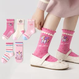 5-Pack Children's Dotted Floor Socks with Rainbow Unicorn Pattern and Lace Trim, Suitable for Boys and Girls, Baby Toddlers, Soft-Soled Indoor Non-Slip Polka Dot Lace Mid-Tube Socks, Ideal for Casual Daily Life