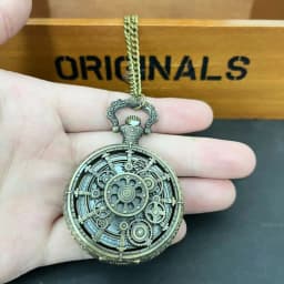 Vintage Hollow Steampunk Gear Design Quartz Pocket Watch with Necklace Pendant, World-Time Feature, Pointer Display Pocket Watch