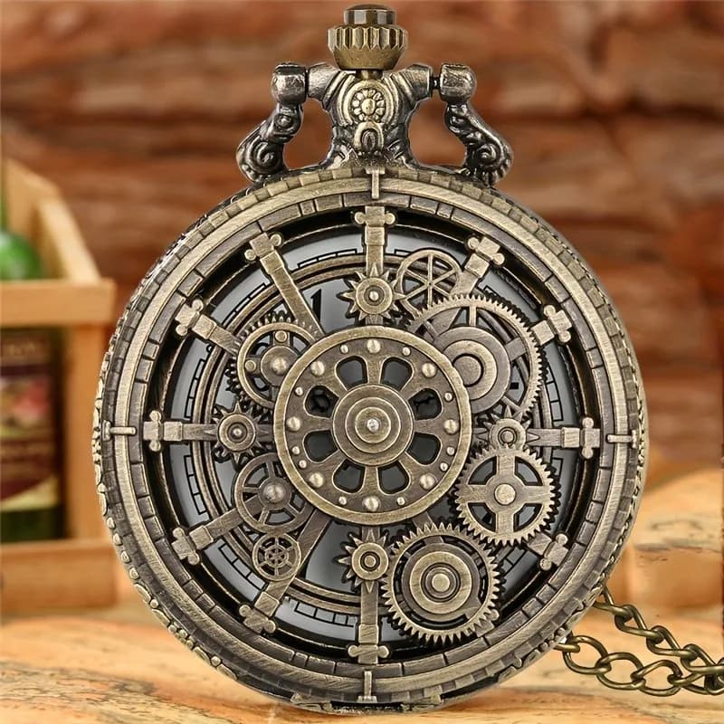 Vintage Hollow Steampunk Gear Design Quartz Pocket Watch with Necklace Pendant, World-Time Feature, Pointer Display Pocket Watch