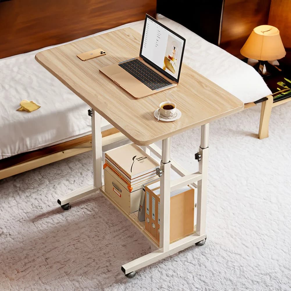 【Lifeideas】Double-Layer Office Desk Movable Bedside Computer Lazy Table with Storage Shelf Laptop White Bedroom Desk Lift Tabl