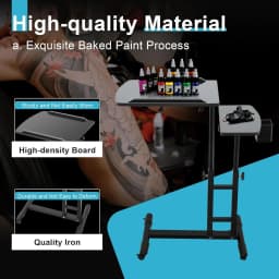 Mobile Tattoo Workstation Tray Cart with 4 Wheels, Adjustable Arm Rest, Modern Style, 25.2 X 15.75 X 22.64-35.43 Inches