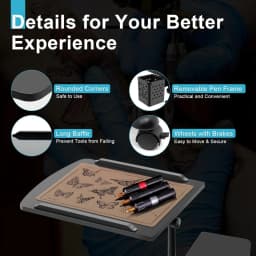 Mobile Tattoo Workstation Tray Cart with 4 Wheels, Adjustable Arm Rest, Modern Style, 25.2 X 15.75 X 22.64-35.43 Inches