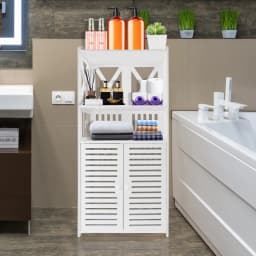 BRIEFNESS PVC Bathroom Cabinet Waterproof Floor Standing Storage Cabinet Storage Cabinet with Double Doors and 3 Shelves-White