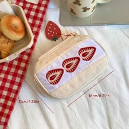 1Pc Strawberry Embroidery Makeup Bag with Checkered Lining Portable Cosmetic Pouch Cute /Korean Style Embroidered Bag for Travel