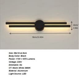LED Wall Lights Modern, 24W Wall Lamp Indoor, Black Wall Sconce for Bedroom, Mirror, Living Room, Dining Room, Staircase 3000K