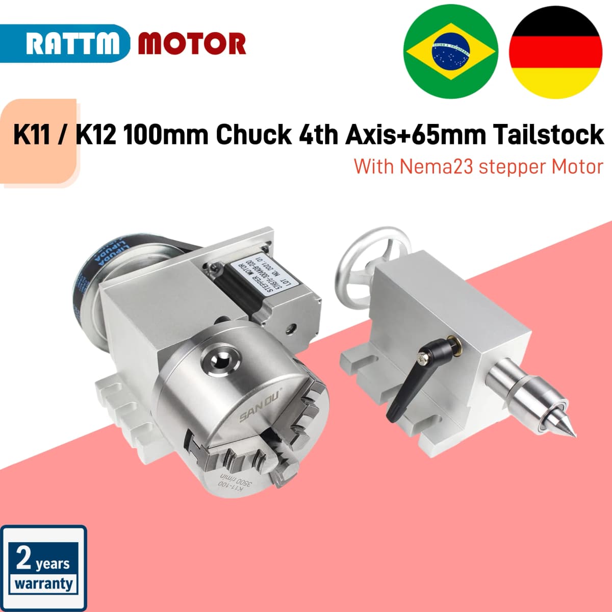 【EU Stock】K11-100m K12-100mm 3 Jaw or 4Jaw Chuck 4th Axis+Tailstock Dividing Head Rotation Axis with Nema23 Stepper Motor