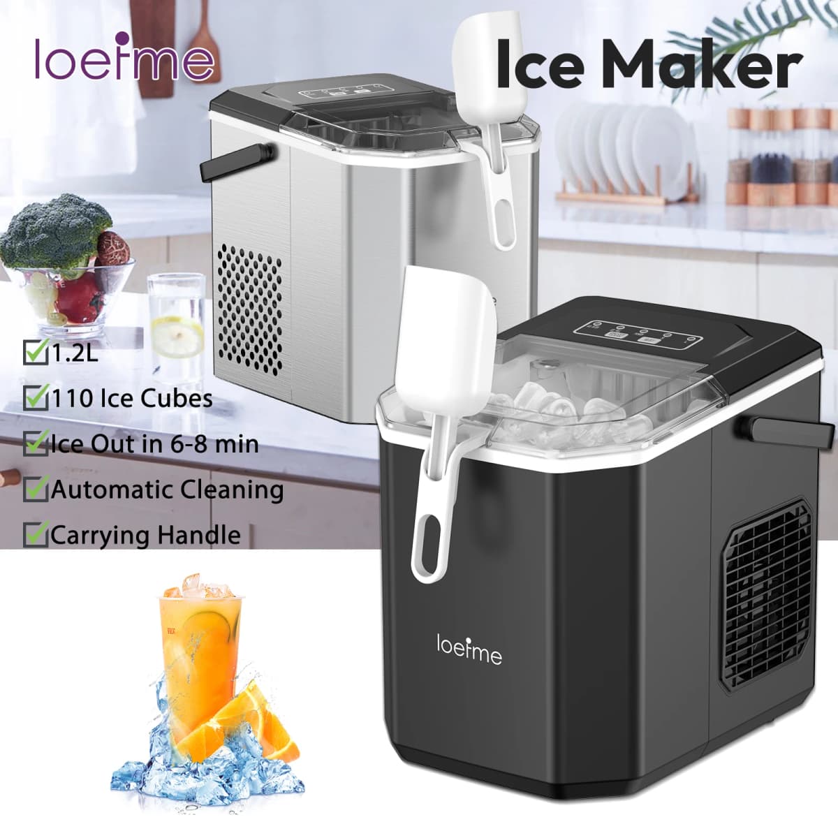 Loefme Desktop Fully Automatic Bullet Shaped Ice Maker 12kg/24h Fast Ice Making Suitable For Home Automatic Cleaning Ice Machine