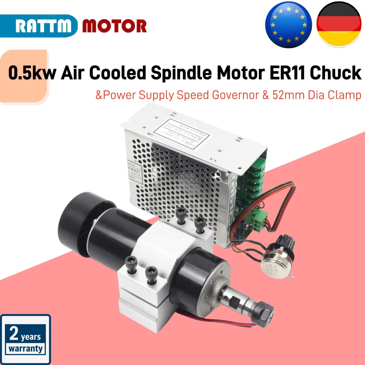 【EU Stock】0.5kw Air Cooled Air Cooled Spindle Motor ER11 Chuck CNC 500W + Power Supply Speed Governor 52mm Dia Aluminium Clamp