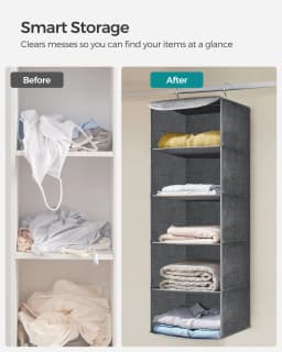 SONGMICS Hanging Wardrobe Storage Organiser, Hanging Storage Shelves, Foldable Wardrobe Clothes Organiser, Space-Saving