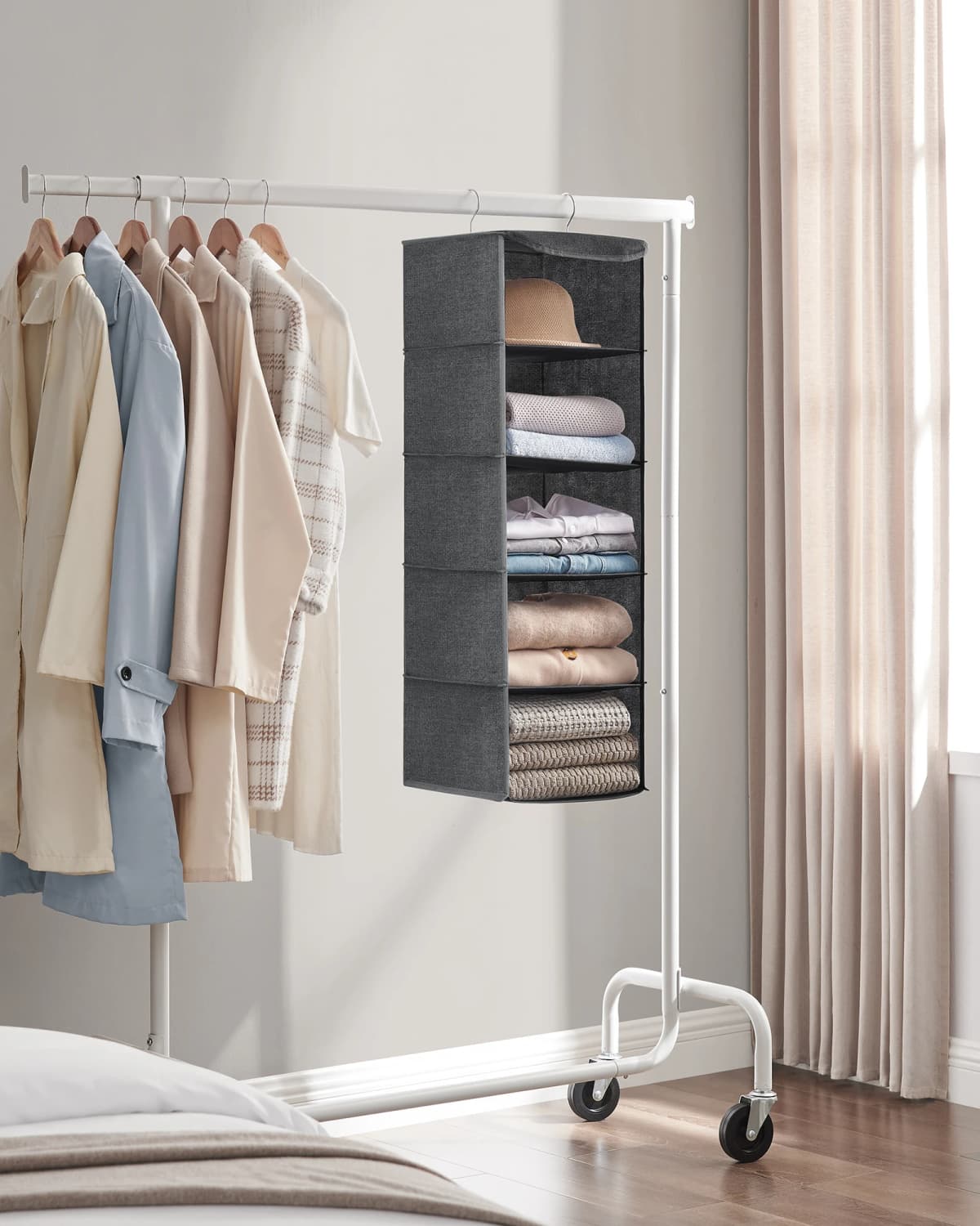 SONGMICS Hanging Wardrobe Storage Organiser, Hanging Storage Shelves, Foldable Wardrobe Clothes Organiser, Space-Saving