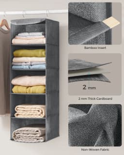 SONGMICS Hanging Wardrobe Storage Organiser, Hanging Storage Shelves, Foldable Wardrobe Clothes Organiser, Space-Saving