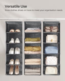 SONGMICS Hanging Wardrobe Storage Organiser, Hanging Storage Shelves, Foldable Wardrobe Clothes Organiser, Space-Saving