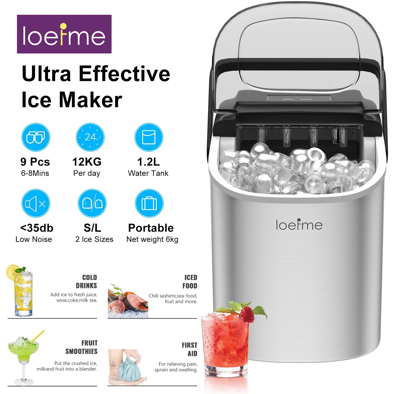 LOEFME Portable Mini Fully Automatic Bullet Shaped Ice Maker 12kg/24h 6 Minutes/9pcs Ice Cubes W/ Scoop Professional Ice Machine