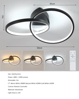Black LED Flush Mount Ceiling Light with Remote Control, Dimmable 3000-6500K for Living Room, Dining Room, Kitchen, Bedroom