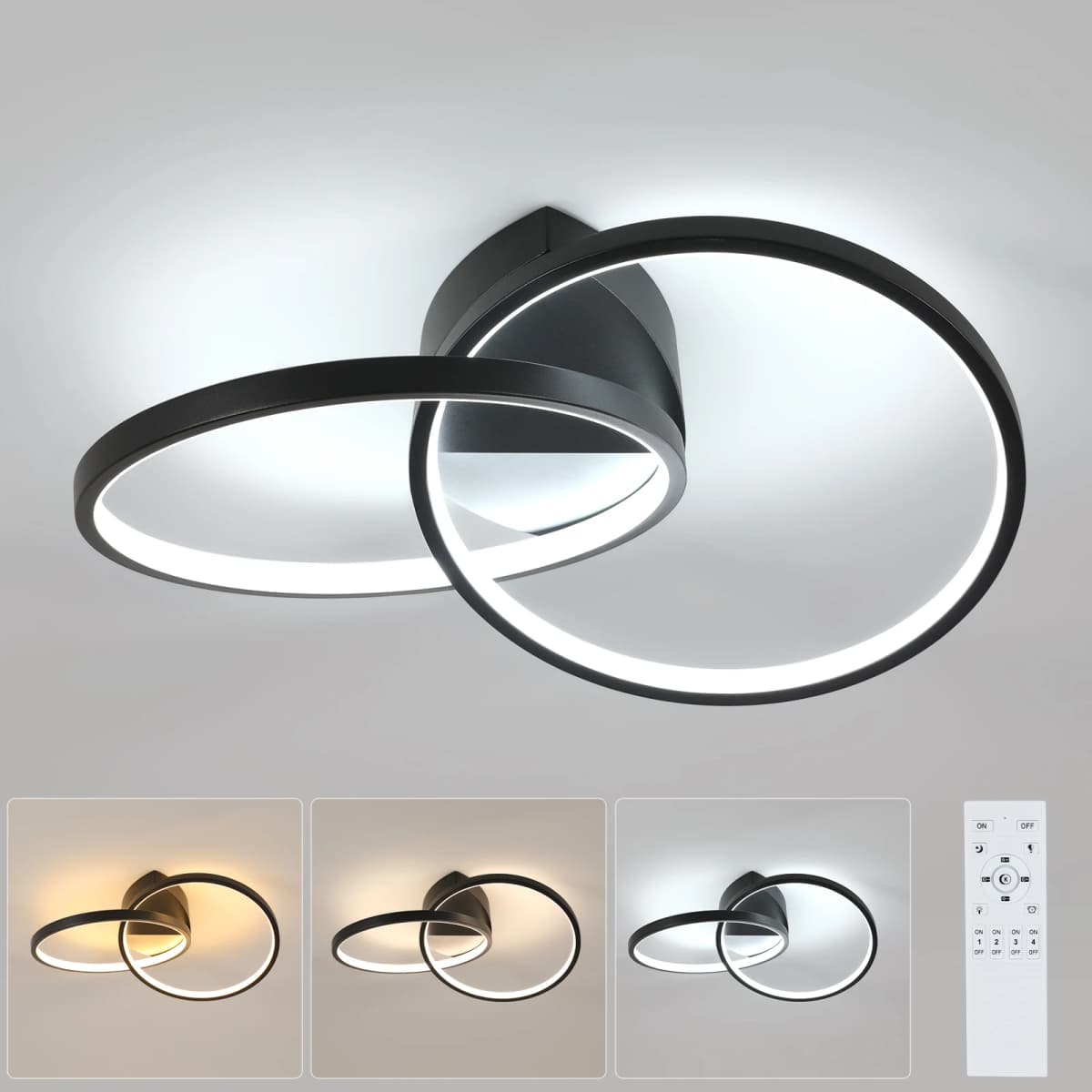 Black LED Flush Mount Ceiling Light with Remote Control, Dimmable 3000-6500K for Living Room, Dining Room, Kitchen, Bedroom