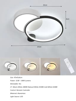 Black LED Flush Mount Ceiling Light with Remote Control, Dimmable 3000-6500K for Living Room, Dining Room, Kitchen, Bedroom