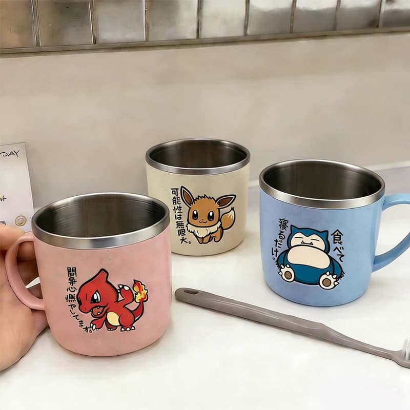 Cartoon Pokemons Coffice Mugs Anime Pikachu Snorlax Eevee Water Cup School Office  Stainless Steel Milk Tea Mugs Kids Drink Cups