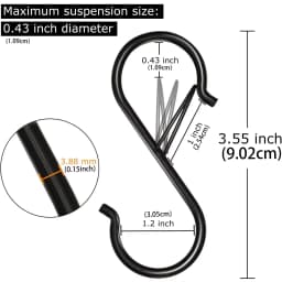 Black S-hook, heavy-duty metal hook with safety buckle design, used for hanging kitchen utensils, frying pans, clothes, towels