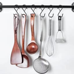 Black S-hook, heavy-duty metal hook with safety buckle design, used for hanging kitchen utensils, frying pans, clothes, towels