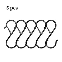 Black S-hook, heavy-duty metal hook with safety buckle design, used for hanging kitchen utensils, frying pans, clothes, towels