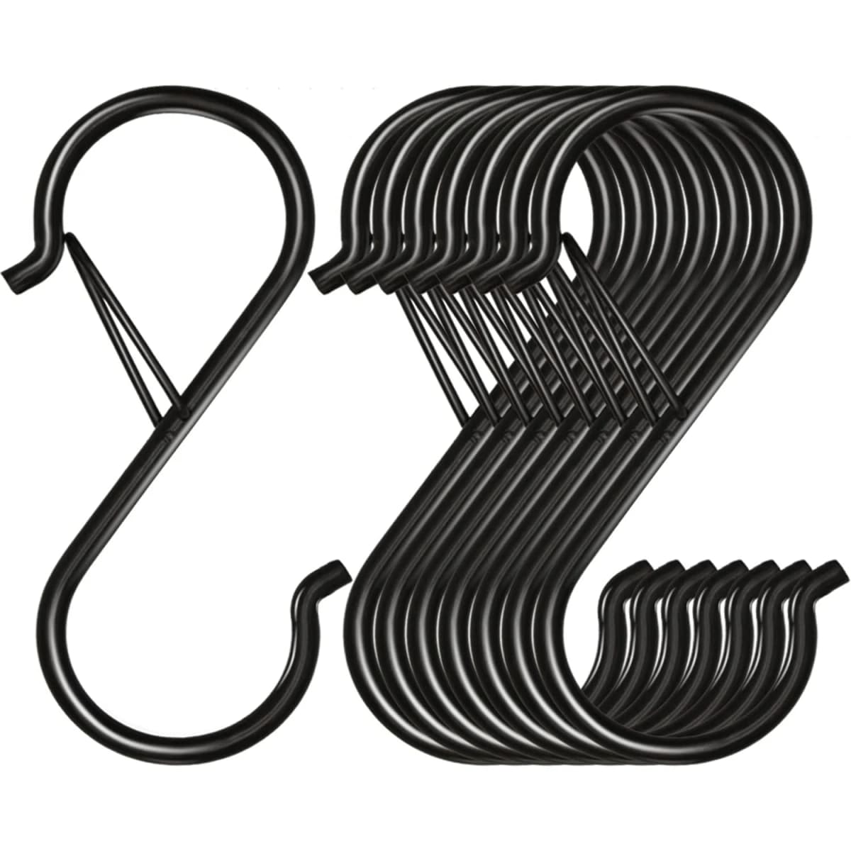 Black S-hook, heavy-duty metal hook with safety buckle design, used for hanging kitchen utensils, frying pans, clothes, towels