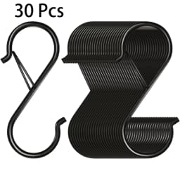 Black S-hook, heavy-duty metal hook with safety buckle design, used for hanging kitchen utensils, frying pans, clothes, towels