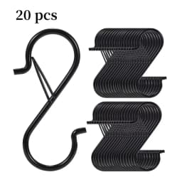 Black S-hook, heavy-duty metal hook with safety buckle design, used for hanging kitchen utensils, frying pans, clothes, towels