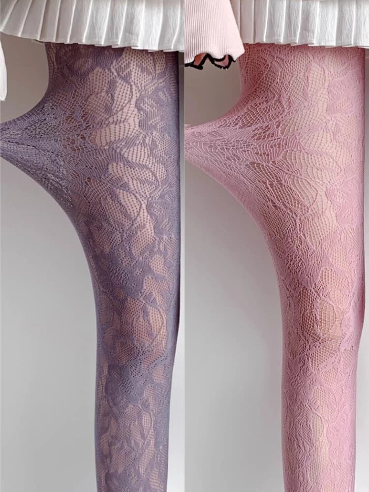 Sexy Floral Fishnets Long Socks Sheer Jacquard Lace Thin Pantyhose Japanese Style Sweet Purple/Pink Lolita JK Fishnet Stockings