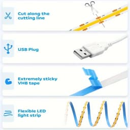 5V USB COB LED Strip Light Touch Dimmer Flexible Light Tape Waterproof 320LEDs/m for Room Cabinet Mirror DIY Ambient Backlight