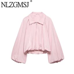 NLZGMSJ Women Bomber Jacket 2026 Spring Ball Sleeve Folds Zipper Loose Coat Female Casual Oversize Top Y2K