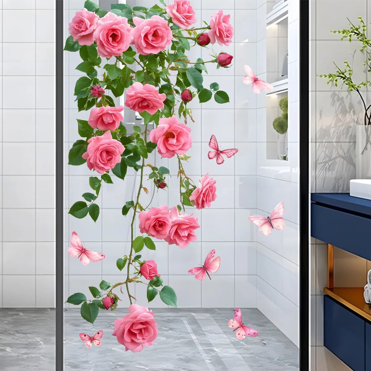 Flower Vine Window Decal, Pink Rose and Butterfly Design, Bathroom Living Room Bedroom Wall Sticker, Glass Door Wall Decorat