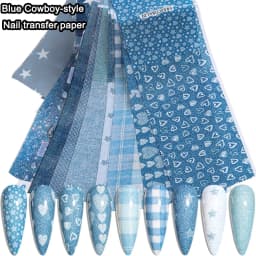 Ins Patchwork Style Denim Nail Art Transfer Paper, Cute Heart Star Blue Denim Texture Nail Design - Y2K Cool Girl Nail Art Decor