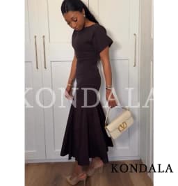 KONDALA Vintage Boat Collar Long Dress Women's Elegant Casual Splicing Pleated Dress New 2026 Spring Summer Fashion Slim Dress