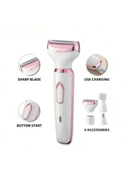 4-in-1 Rechargeable Electric Lady Shaver Set - 500mAh Portable Wet/Dry Trimmer for Face, Nose, Legs & Underarms