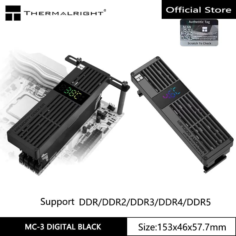 Thermalright MC-3 DIGITAL BLACK Digital Display Screen Memory Heatsink, Suitable for DDR/DDR2/DDR3/DDR4/DDR5, 40x40x10mm Fan X3