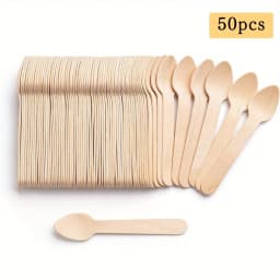 50Pcs Disposable Spoons (Approximately 9.6cm) Wooden Mini Dessert Spoons, Dessert Spoons, Tasting Spoons, Suitable for Parties, Gatherings, Holiday Celebrations, and Can Be Used by Multiple Guests