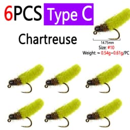 Bimoo 6PCS Brass /Tungsten Bead Head Mop Fly Artificial Crane Fly Caddis Larva Wet Jig Nymph Fly Trout Grayling Fishing Lures