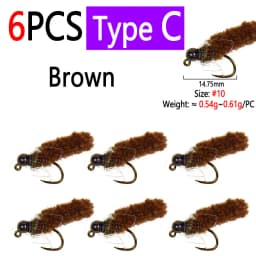 Bimoo 6PCS Brass /Tungsten Bead Head Mop Fly Artificial Crane Fly Caddis Larva Wet Jig Nymph Fly Trout Grayling Fishing Lures