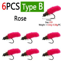 Bimoo 6PCS Brass /Tungsten Bead Head Mop Fly Artificial Crane Fly Caddis Larva Wet Jig Nymph Fly Trout Grayling Fishing Lures