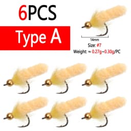 Bimoo 6PCS Brass /Tungsten Bead Head Mop Fly Artificial Crane Fly Caddis Larva Wet Jig Nymph Fly Trout Grayling Fishing Lures