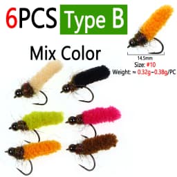 Bimoo 6PCS Brass /Tungsten Bead Head Mop Fly Artificial Crane Fly Caddis Larva Wet Jig Nymph Fly Trout Grayling Fishing Lures